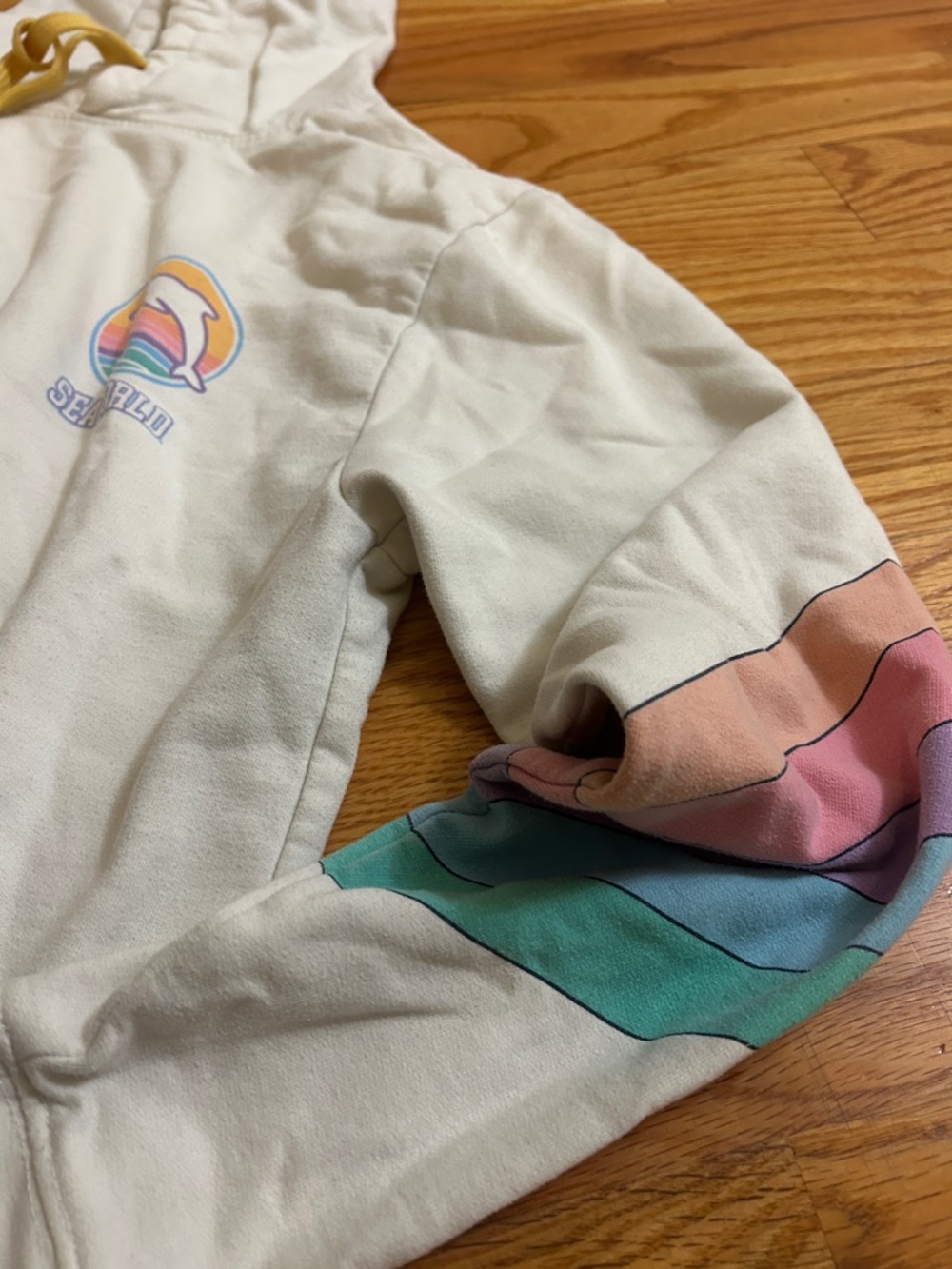 SEA WORLD Cream Hoodie with Rainbow Wave Logo and Pastel Sleeve Stripes